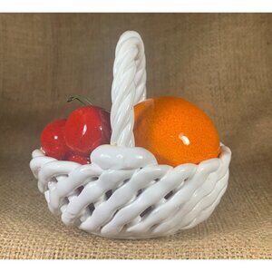 Capodimonte Ceramic Fruit Basket Laced Oval Vintage 4" Cherries & Orange